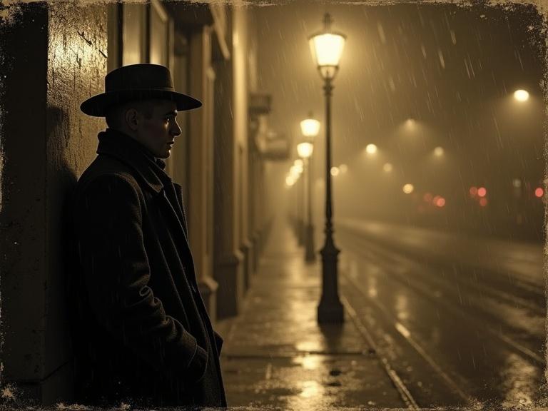 Gritty detective in 1920s attire leaning against a streetlight in the rain. Cinematic sepia tones and film grain. Aged look with water stains and torn edges.