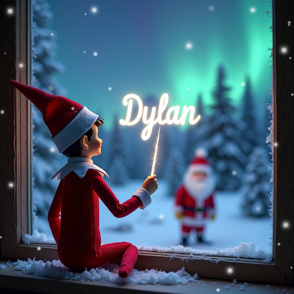 The image features an elf on the shelf, positioned with his back to the viewer, gazing up at a magical winter scene. He holds a wand, using it to write the name 'Dylan' in glowing light. In the background, Santa Claus can be seen amid a snow-covered landscape. The sky is illuminated by vibrant northern lights, adding a whimsical touch to the atmosphere. The window frame suggests a cozy indoor setting for this festive portrait. Snowflakes can be seen in the foreground, enhancing the holiday magic.