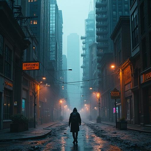 Fog envelops deserted city streets. Dimly lit with lonely figure walking. Tall buildings loom on either side. Streetlamps cast an eerie glow. Image evokes feelings of isolation and dystopia.