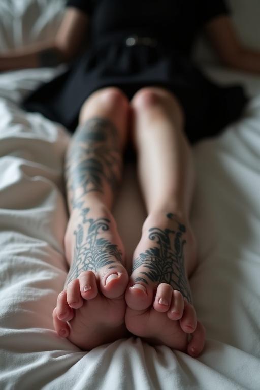 Goth girl displays tattooed soles on bare feet. She lies on a bed. The image highlights feet tattoos and goth culture.