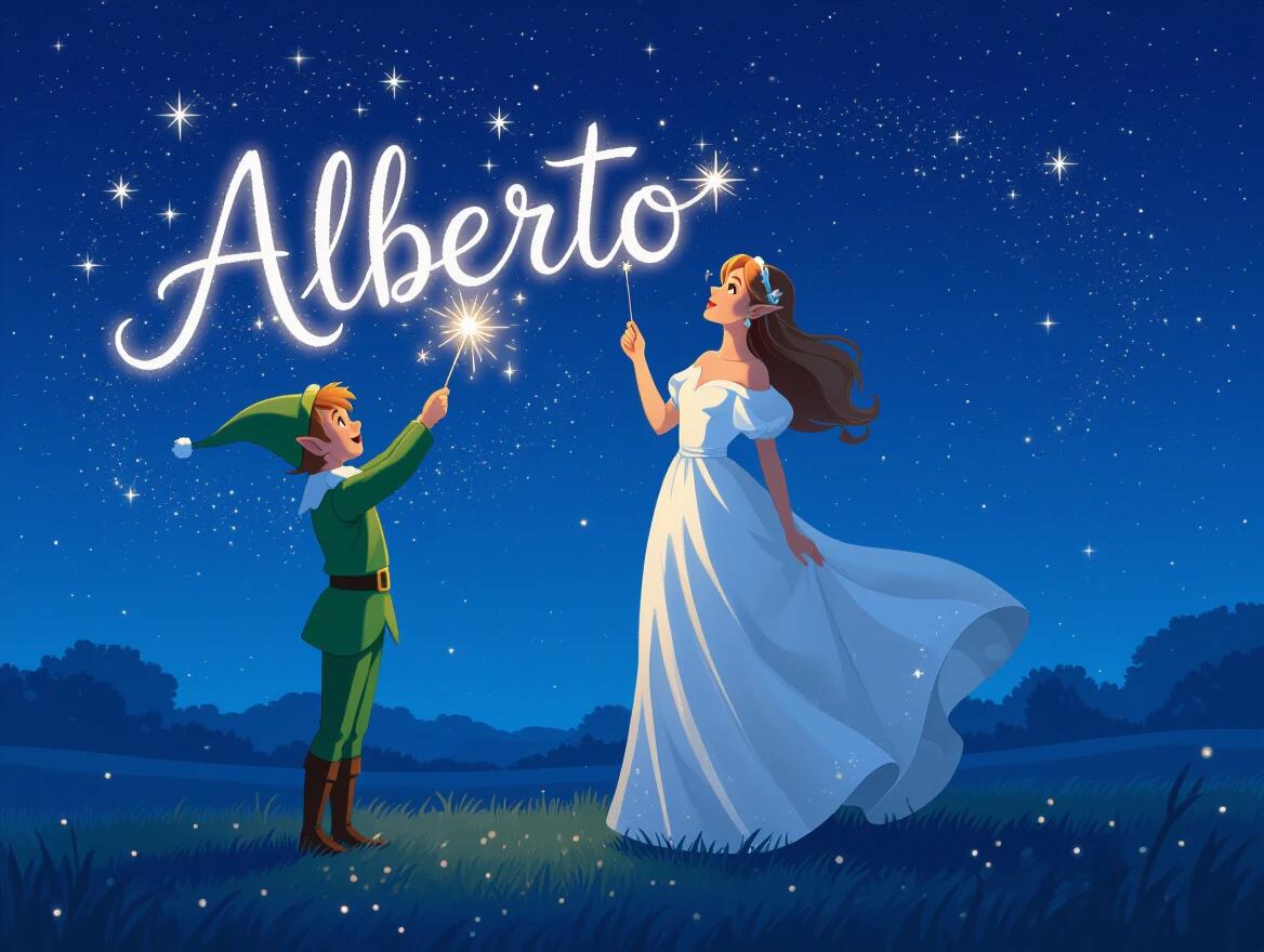An elf stands in a magical night sky. The elf writes ALBERTO with a sparkler. Stars twinkle around. A girl in a white dress flows elegantly.