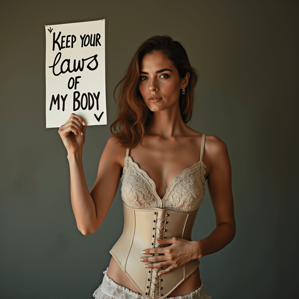 A woman in a lace top holds a sign advocating for bodily autonomy.