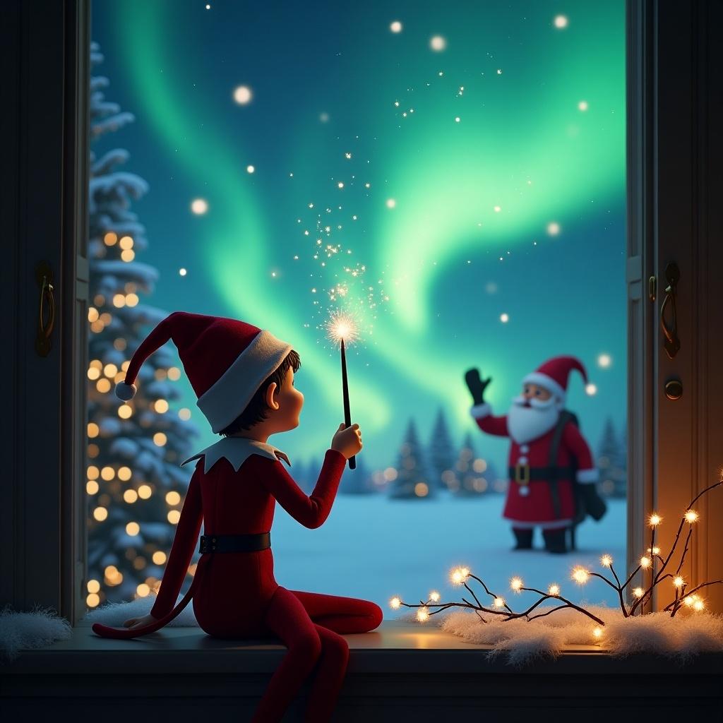 The image depicts an elf on the shelf sitting by a window, with his back turned toward the viewer. He is gazing up at the sky, holding a wand as he writes 'Rory and Lena' in sparkling light. Outside, a magical Christmas scene unfolds, featuring vibrant northern lights in the night sky and Santa Claus waving in the distance. The room is decorated with a Christmas tree and twinkling lights, creating a cozy holiday atmosphere. This whimsical setting inspires feelings of joy and wonder, perfect for the festive season.