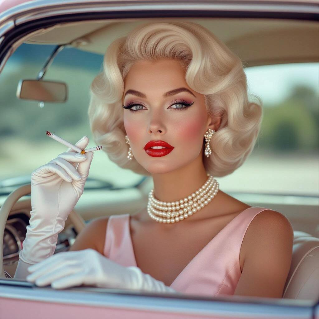 Stunning portrait of a woman from the 1960s. Voluminous platinum blonde hair. Delicate pearl necklace and diamond earrings. Light pale pink sun dress. Holding a cigarette. Driving a car. Flawless makeup with winged eyeliner and ruby red lips. Accessories include white gloves and high heels. Rendered in a style reminiscent of Slim Aarons photographs.
