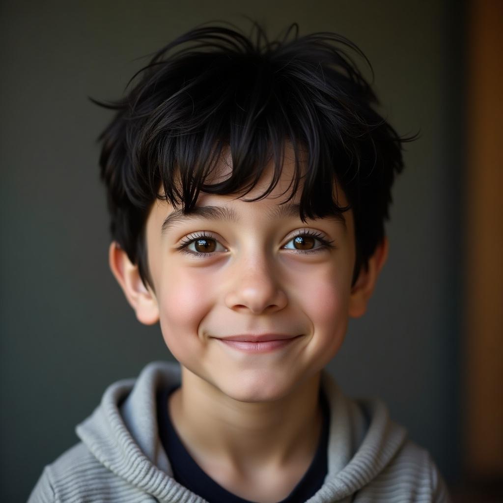 Child portrait features a 10 years old boy with black hair and dark eyes wearing a grey hoodie.