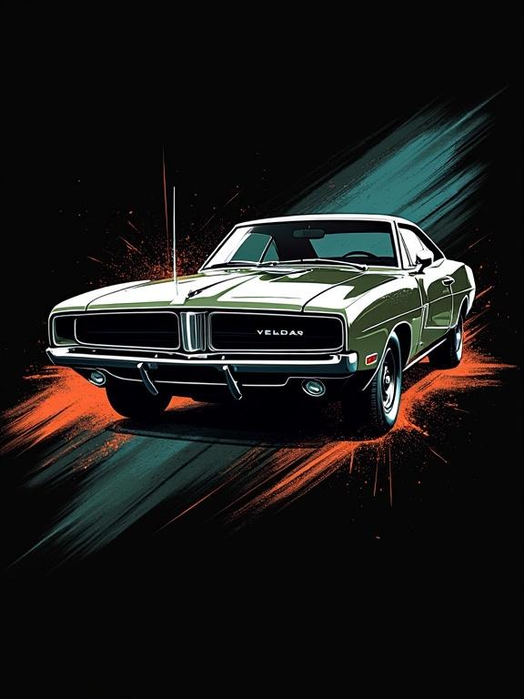 Sleek impactful vector print for black T-shirt. Combines car and military vehicle themes. Bold design with subtle grunge textures. Main object: retro car or military vehicle in minimalist line art. Background: trash-grunge textures and mechanical elements. Colors: white/light gray outline with neon highlights. Style: blend of minimalist and grunge. High contrast between vector shapes and textures. Optional small text in vintage style. Optimized for black fabric with sharp print-ready quality.