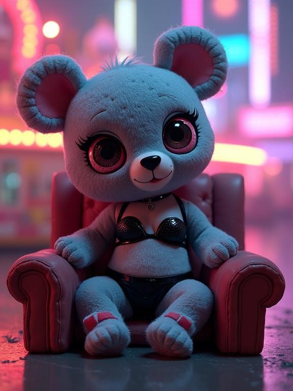 Chibi teddy bear sits on a chair wearing black lingerie. Surreal pastel fog surrounds the scene. Neon colored lights shine from a carnival in the background. The teddy bear has stitched textures and cracked porcelain details. Features mismatched cookie eyes.