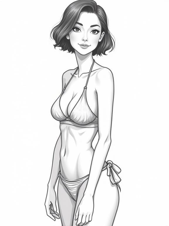 Vector illustration features a mature woman with short hair wearing a bikini. She has wide hips and toned abs. The image is in black and white with an outline style. There is a closeup of the woman’s torso.
