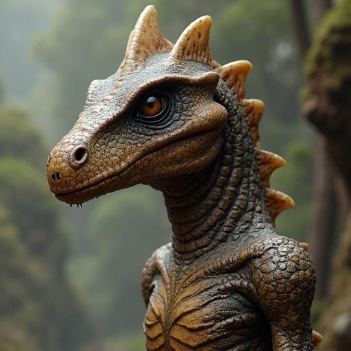 A dragon-like creature resembling a dinosaur in a lush prehistoric environment. The creature has a detailed scale texture and expressive eyes. It is surrounded by moody natural lighting suggesting an ancient atmosphere.