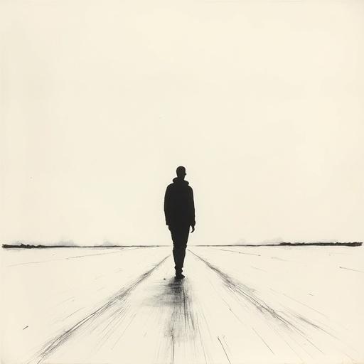 Minimalist bald human silhouette with black fill color, thin tall teen on a long lonely road. Monochrome minimalist sketch with delicate ink lines on textured paper inspired by traditional Asian brushwork.