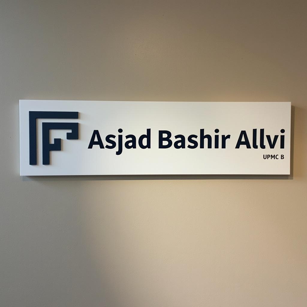 Desk sign board for Asjad Bashir Allvi. Title includes Architect and UPMC B. Modern design with two-tone color scheme.