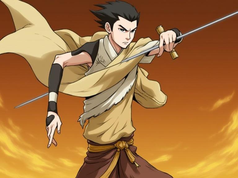 An anime character with short spiky hair wearing a beige outfit, holding a sword in a dynamic pose against an orange and yellow background.