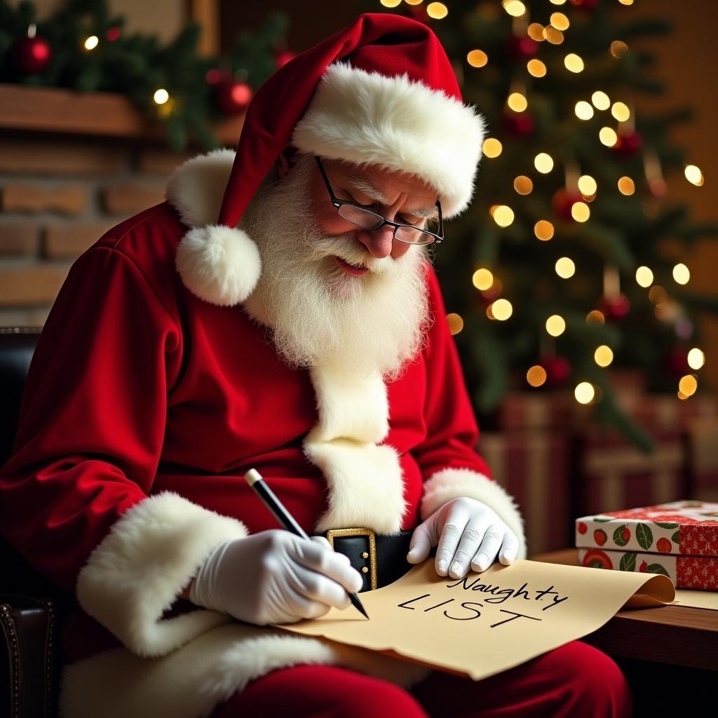 Santa writing on a parchment labeled Naughty List. Parchment has names Jacob and Jake. Scene is warm and festive with Christmas decorations in the background.