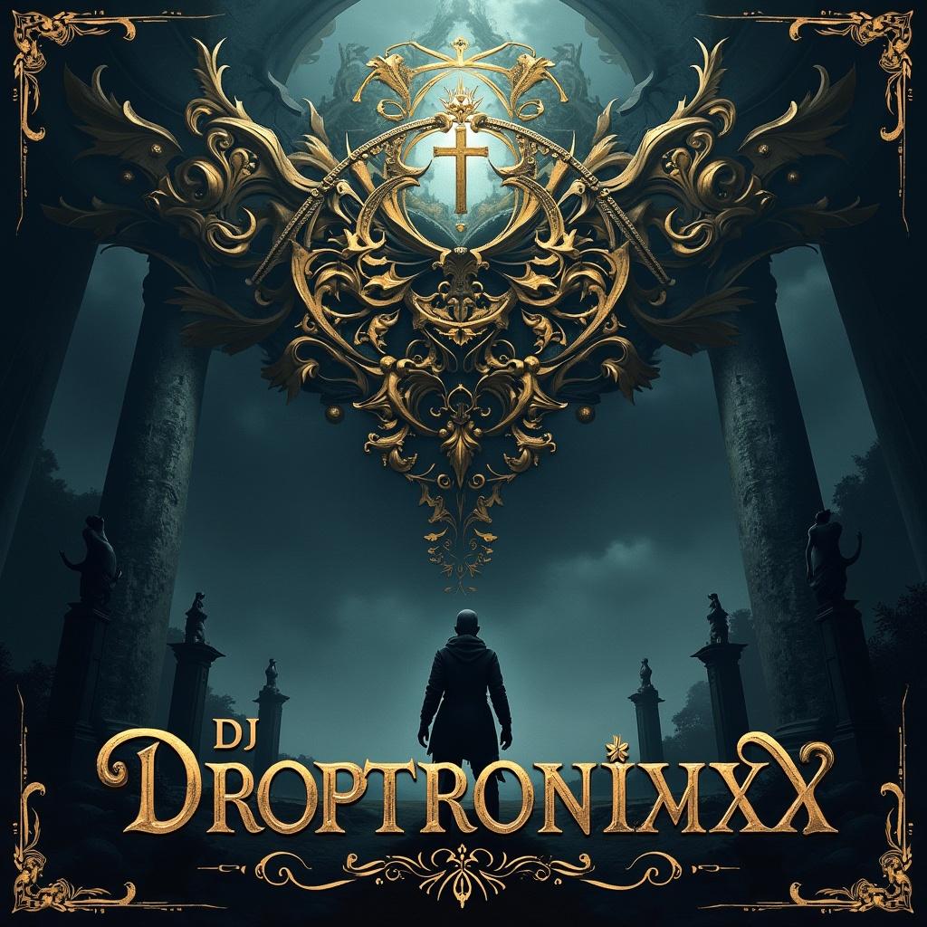 Fancy complex art on a music album cover features DJ Droptronixx with dark scene. Includes Big Room House genre elements. Golden ornate design with a cross. Includes silhouetted figure against misty atmosphere.