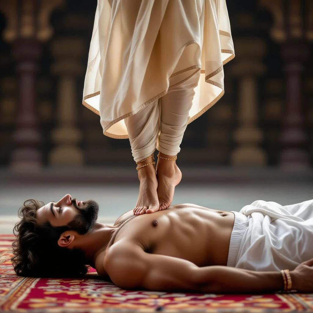 A woman stands on her toes on top of a man's belly. She is balanced with poise. Her feet are bare. The soft curve of her arch lifts. Her weight is pressing down through her toes. They gently sink into his belly creating a subtle imprint.