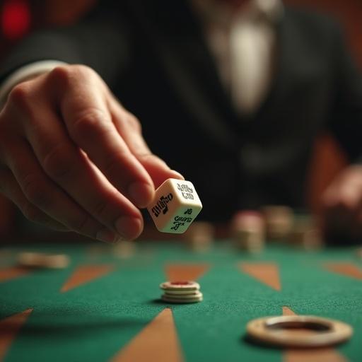 A cinematic scene features a backgammon player throwing dice. Close-up on dice with faces showing words like images branding video strategy. Scene captured with cinematic lighting.