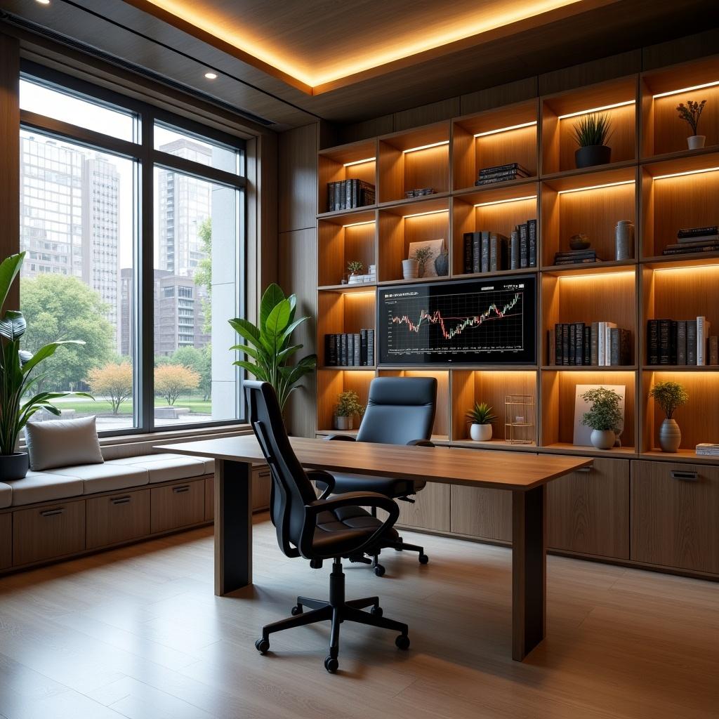 Elegant modern office interior features wooden shelves a sleek desk an ergonomic chair and a large window for natural light styled for a contemporary workspace atmosphere with a stock trading screen