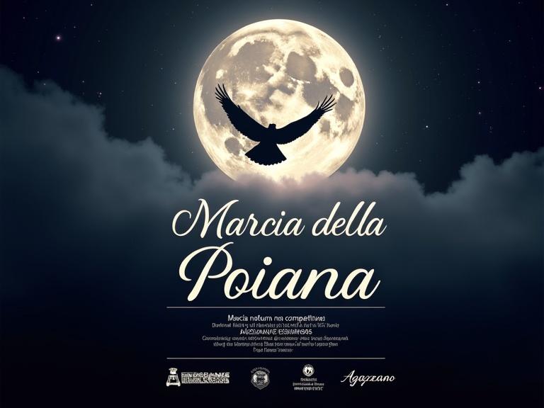 Poster background features a full moon with a buzzard silhouette in flight. Night sky transitions from dark blue to purple with scattered stars. Title in elegant serif font includes glow effect. Subheading in capital sans-serif. Event details in semi-transparent black rectangle. Includes sponsors' logos and coat of arms. A3 vertical format with modern minimal style.