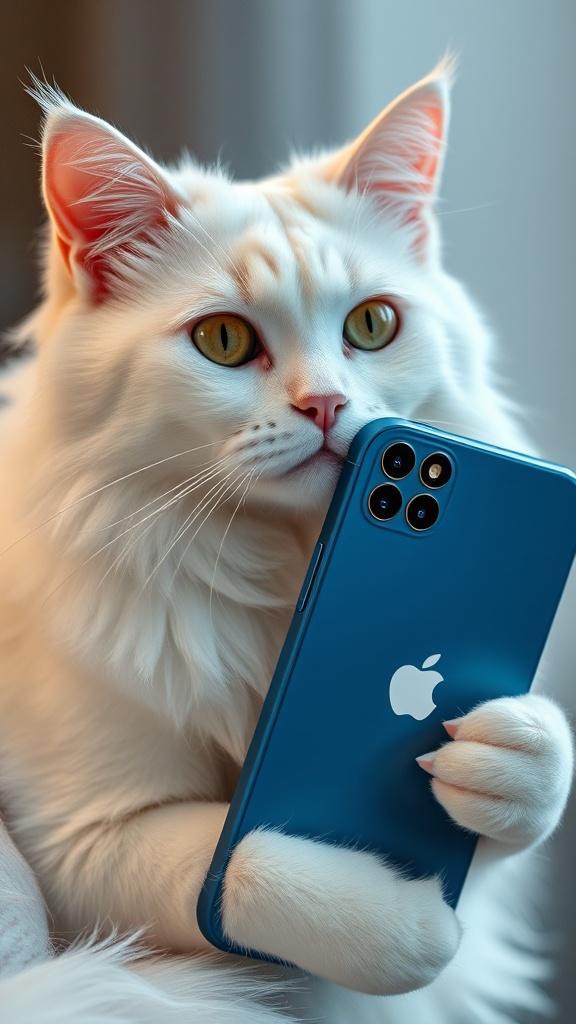 A fluffy white cat attentively holding a blue smartphone with its paws.