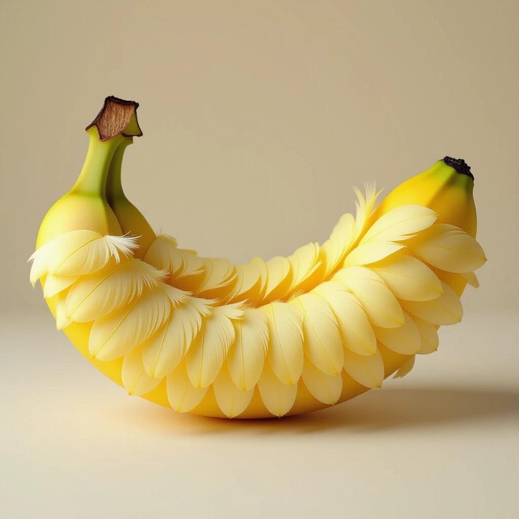 Surreal banana made of layered soft yellow bird feathers. Curved shape. Fluffy texture contrasts with smooth fruit. Unique whimsical visual.