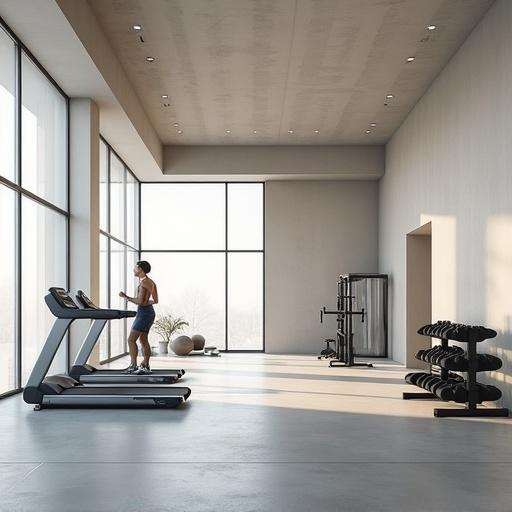 Minimalist style gym interior with modern design. The gym features a clean open layout. Large windows fill the space with natural light. Polished concrete floors create a sleek look. A treadmill and dumbbells represent minimal equipment. Only a few people are engaging in exercise. Soft neutral colors dominate the palette.
