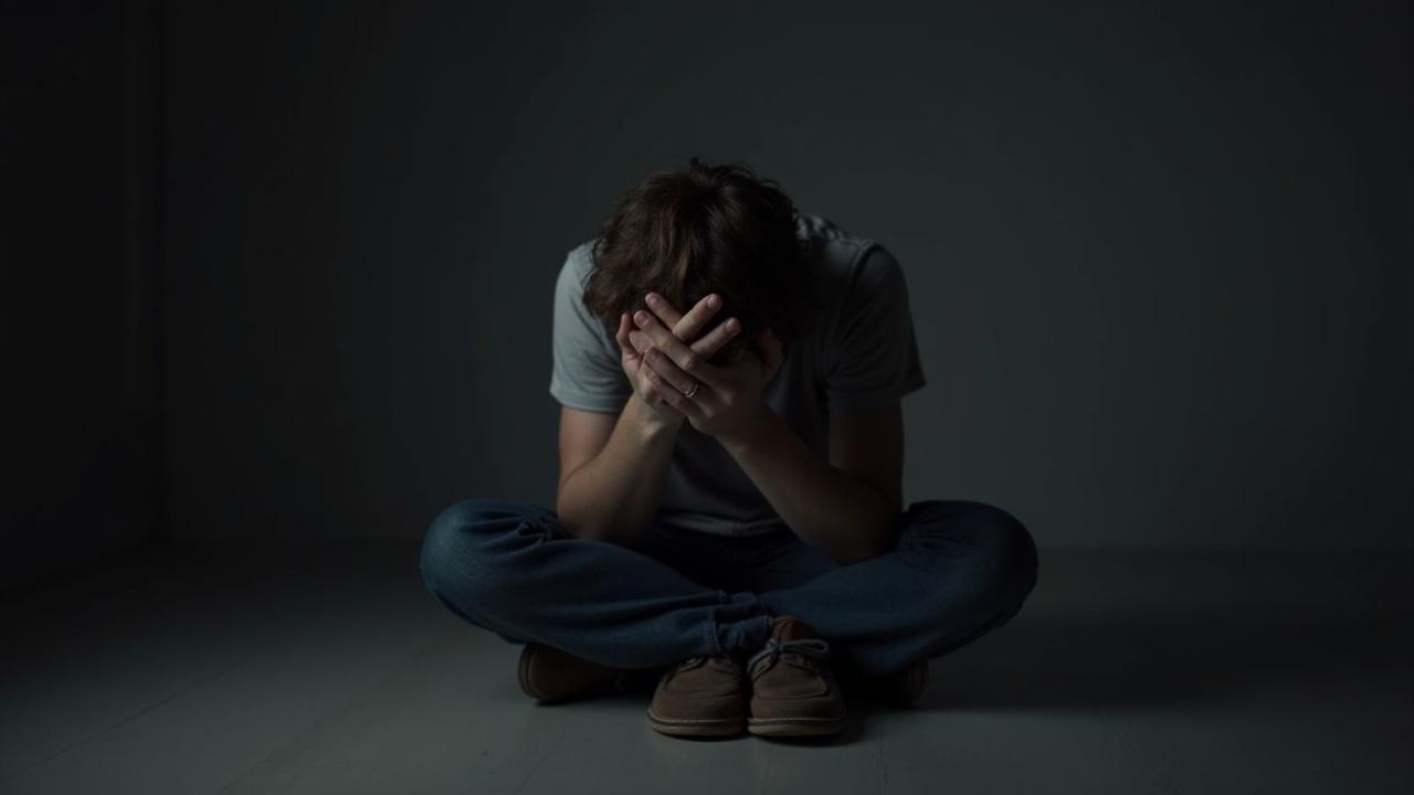 The image depicts a person sitting on the floor with their head in their hands, conveying a sense of distress or sadness. The room is dimly lit, with subdued colors adding to the somber mood. The use of shadow and light creates a dramatic effect, emphasizing the emotional state of the individual.