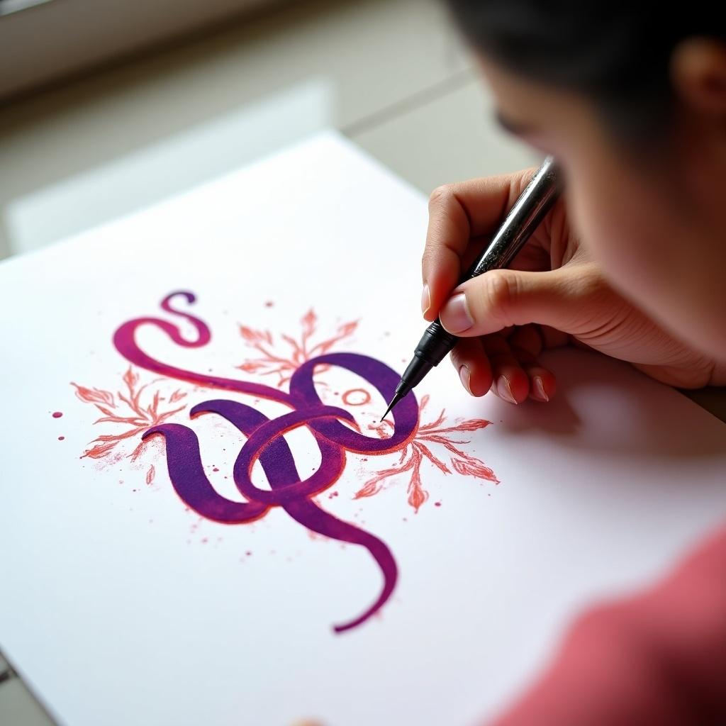 This image features a lady delicately crafting Malayalam calligraphy. She uses bold, contrasting ink on a pristine white surface. The colors include a rich purple with splashes of red. The hand holding a pen shows intricate details and care in each stroke. Natural light softly illuminates the scene, highlighting her creativity. This captures the beauty of traditional writing combined with modern art. The image showcases the Malayalam word 'ഇനിയും' in a beautifully styled cinematic font, തലാനേത്.