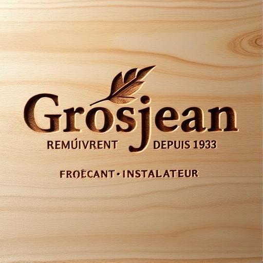 Realistic photo of the Grosjean logo deeply engraved in light natural wood. The logo features bold sans-serif text with a leaf replacing the dot above the j. The small text 'DEPUIS 1933' is on the right, and the tagline 'MENUISIER - FABRICANT - INSTALLATEUR' is below. The image shows authentic imperfections like slight burn marks and dust, under natural lighting with soft shadows.