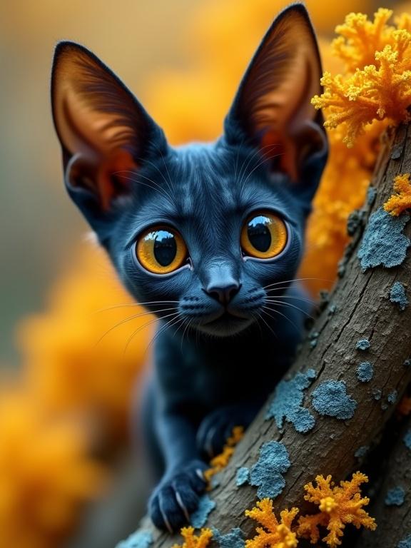 Fantastical feline creature with large bat-like ears and big orange eyes. Deep navy blue fur with a glossy texture. Set against bright yellow-orange lichens and textured bark. Blurred warm background creates a dreamlike effect. Appears curious with a delicate snout.