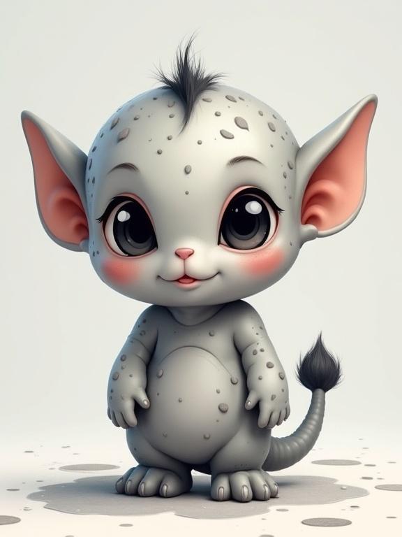 Cute alien creature resembling a 3-year-old child. Soft light gray fur with small craters. Two dark gray ears, small fluffy dark gray tail. Big innocent eyes, friendly expression. Cartoon style, colorful, full body.