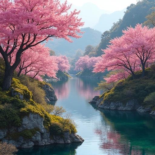 A landscape painting of cherry blossoms with a realistic view of Mount Fuji in the background.