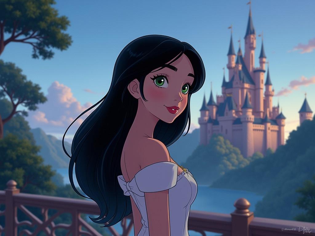 A beautiful girl with straight black hair and striking green eyes is depicted as a Disney princess. She stands gracefully on a castle balcony, gazing into the distance with a dreamy expression. The scene is well lit, capturing the enchanting ambiance of the moment. The art style emulates classic Disney animation, with vibrant colors and magical details surrounding her. The castle appears grand and majestic in the background, completing the fairytale setting.