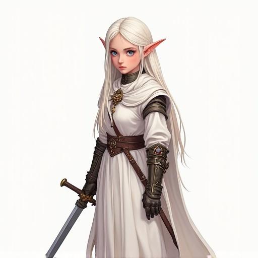 A young half-elf girl dressed in white with partially armored attire. She holds a long sword in her right hand, styled in 8-bit animation.