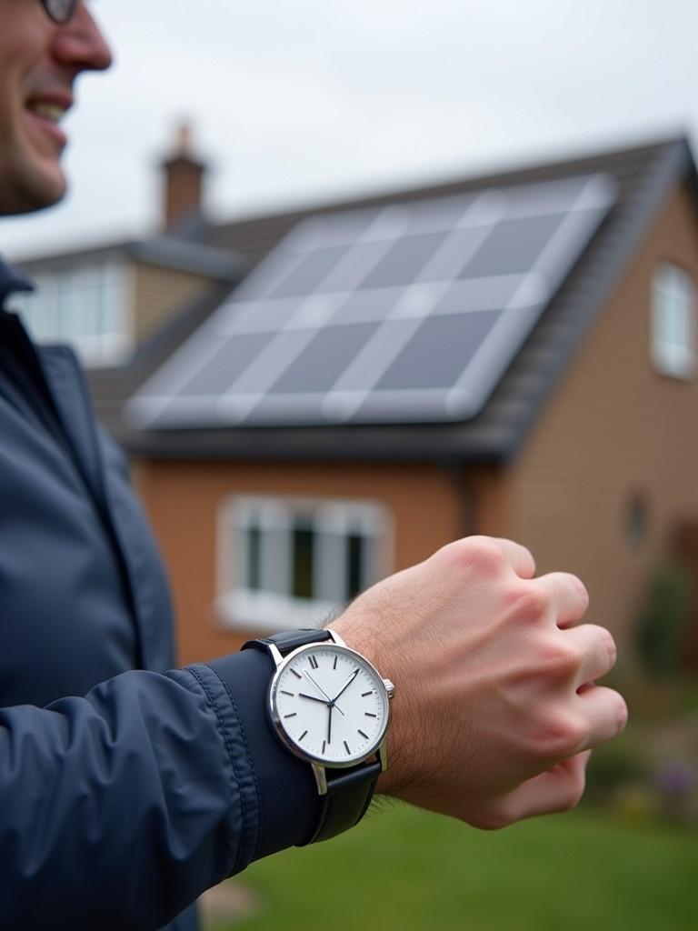 The image shows a well-installed renewable energy system on a UK style home. A home with solar panels on the roof and a heat pump beside it. An engineer stands beside the heat pump. The engineer's hand wears a stylish watch. The watch face is clearly visible, facing the camera.