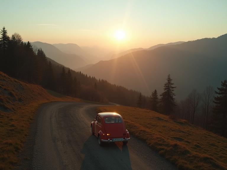 Drone shot captures Lovćen Mountain at dawn. A red racing Yugo drives along a winding road. The sun rises behind the mountains. The scene evokes a sense of adventure and tranquility.