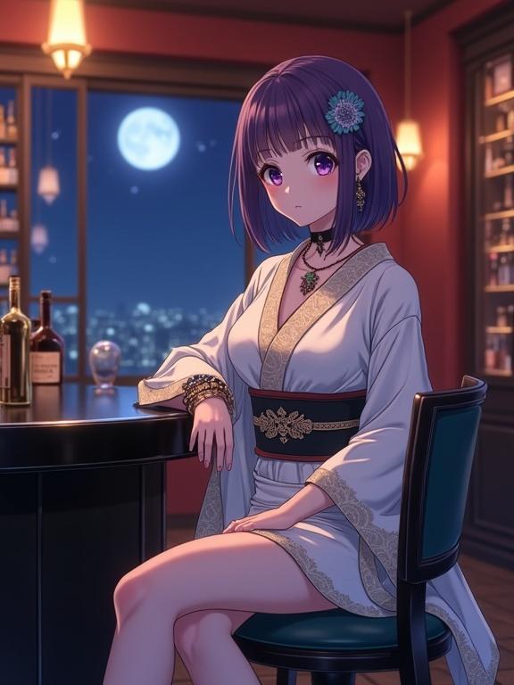 Vertical cinematic anime rendering showcases a young Japanese woman seated elegantly on a bar stool. She has semi-long violet bob hair and striking violet eyes. Her white kimono features a bold wave pattern in gold and silver. She wears decorative jewelry and has a small flower in her hair. The bar setting is cozy with warm-toned chandeliers and wooden shelves filled with liquor bottles. A moonlit night sky is visible through the window. The scene conveys a sense of tranquil sophistication and elegant style.