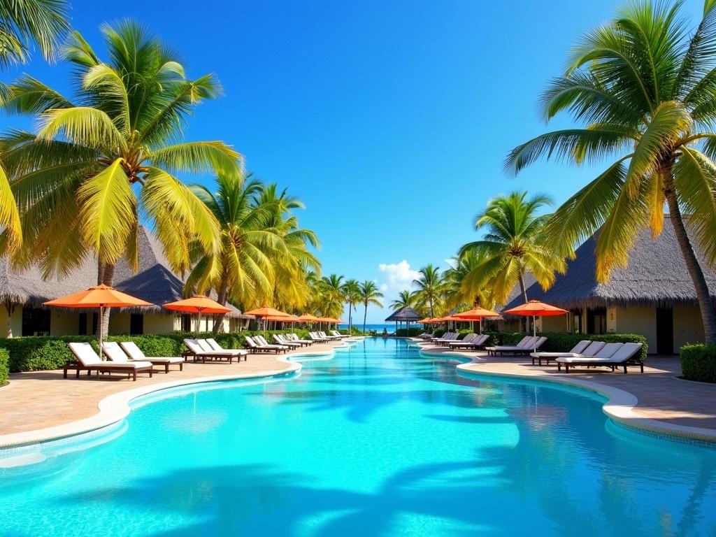 The image features a stunning beach hotel resort swimming pool, perfectly positioned under a bright blue sky. Surrounding the pool are lush green palm trees swaying gently in the warm breeze. The pool has a beautiful blue color, reflecting the sunlight and creating a tranquil atmosphere. There are comfortable lounge chairs arranged around the pool, inviting guests to relax and enjoy the tropical setting. In the background, you can see the resort buildings and some thatched-roof structures, enhancing the exotic feel of the location.