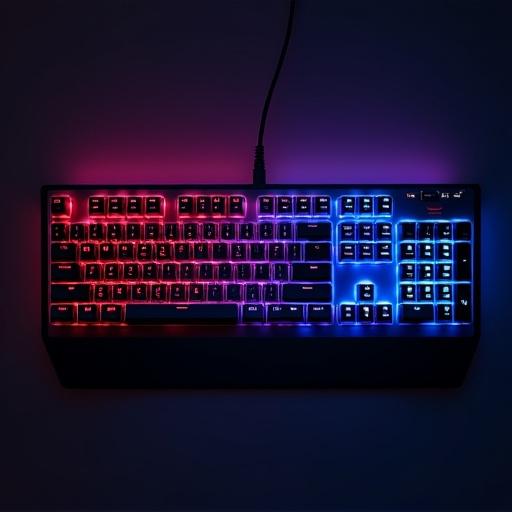 High-quality image of a gaming mechanical keyboard with RGB lighting. The keyboard is sleek and features illuminated keys in red and blue colors. Viewed from above, the cable is attached to one side.