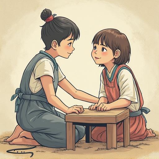 Two children sitting on the floor interacting at a small table. One child looks intently at the other while they play a game. Both girls have a cheerful expression. They wear simple, colorful clothes. The background is subtle, highlighting the children's interaction.