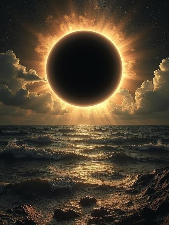 A stunning depiction of a solar eclipse over the ocean. The sun appears as a black circle surrounded by an orange halo. Waves crash against rocky shores. Dark clouds enhance the contrast against the bright light.