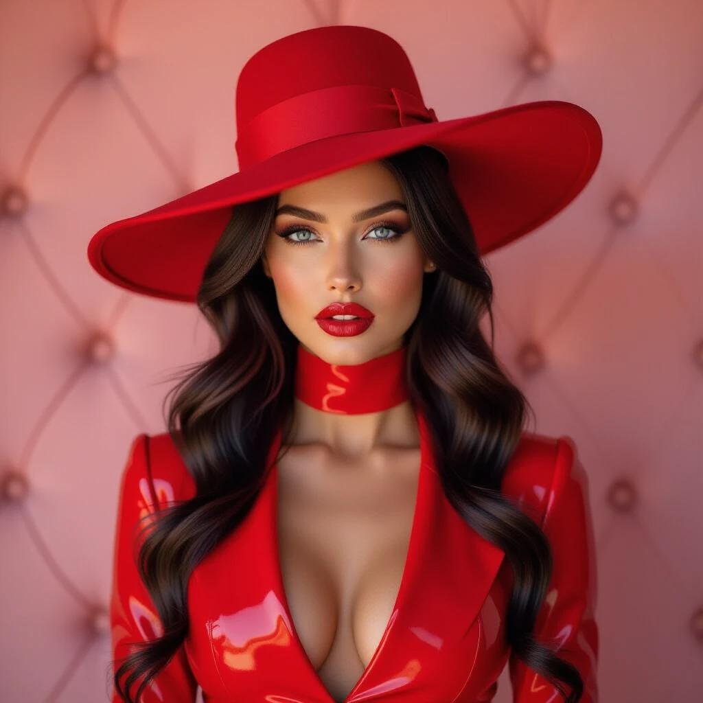 Striking figure dressed in glossy red. Long dark hair falls over shoulders. Dramatic red hat enhances allure. Soft lighting creates an evocative atmosphere. Background is plush and muted pink. Overall image combines sensuality and elegance.