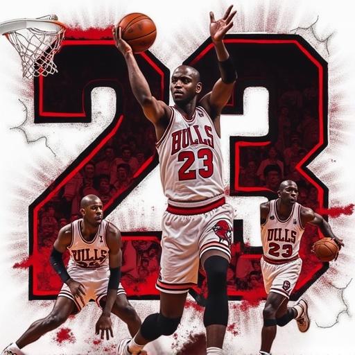 Photo collage features Michael Jordan number 23 with Chicago Bulls. Showcases dunks clutch plays and celebrations. Dynamic layout with red black white colors.