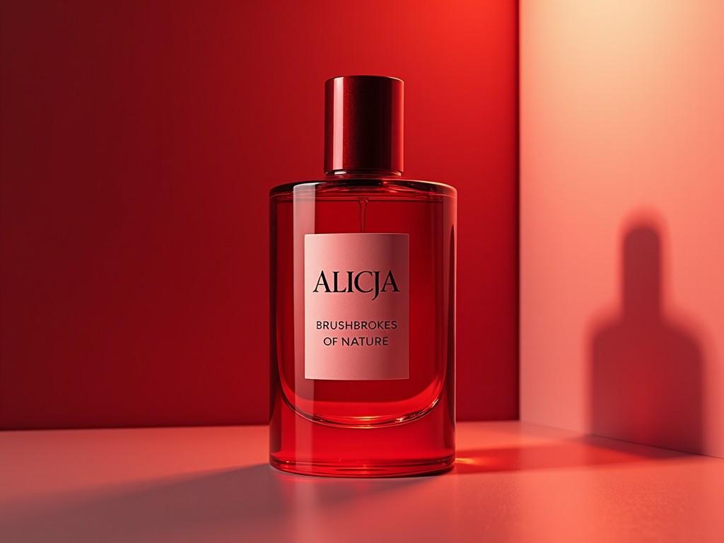 The image features a sleek, modern perfume bottle prominently displayed. The bottle is a rich red, exuding a sense of luxury and elegance. It has a clear label that reads 'ALICJA' along with 'BRUSHBROKES OF NATURE'. The background is a gradient of reds that complements the bottle. Soft lighting highlights the bottle's design, creating alluring shadows and reflections. This composition conveys a feeling of sophistication and allure that draws the viewer in.