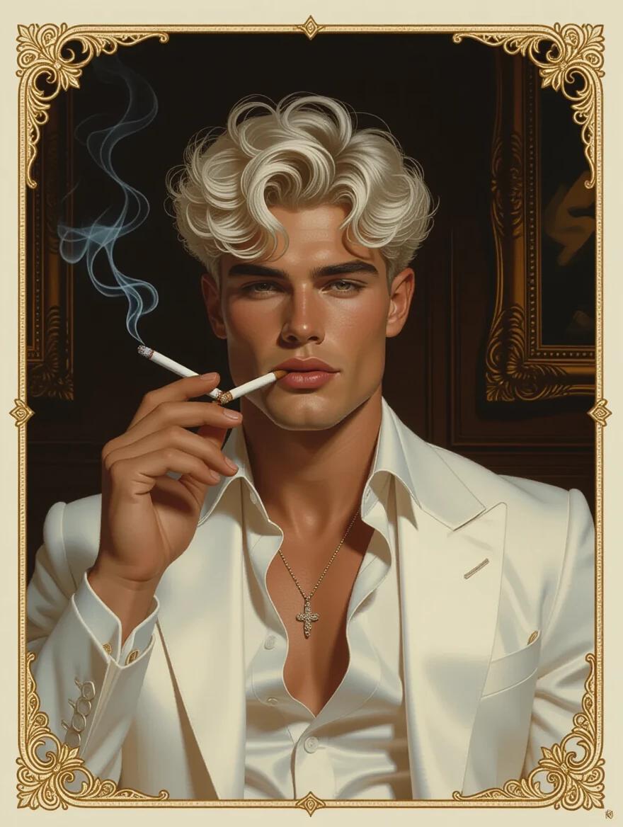 An oil portrait depicting a handsome young man in his 20s. The man has white curly hair and deep tan skin. He is wearing ornate white modern formalwear. He holds a smoking cigarette. The background features a dim mansion room. The overall color scheme is white. The tone is dark and mysterious. The image has an art nouveau border.