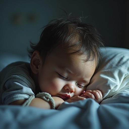 A child struggling to sleep in a cozy bedroom. Soft fabrics and calming colors create a serene atmosphere.