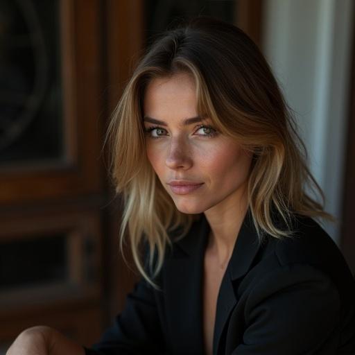 Blonde woman in black lingerie with brown eyes. Focus on her facial expression and elegance. Soft natural lighting.