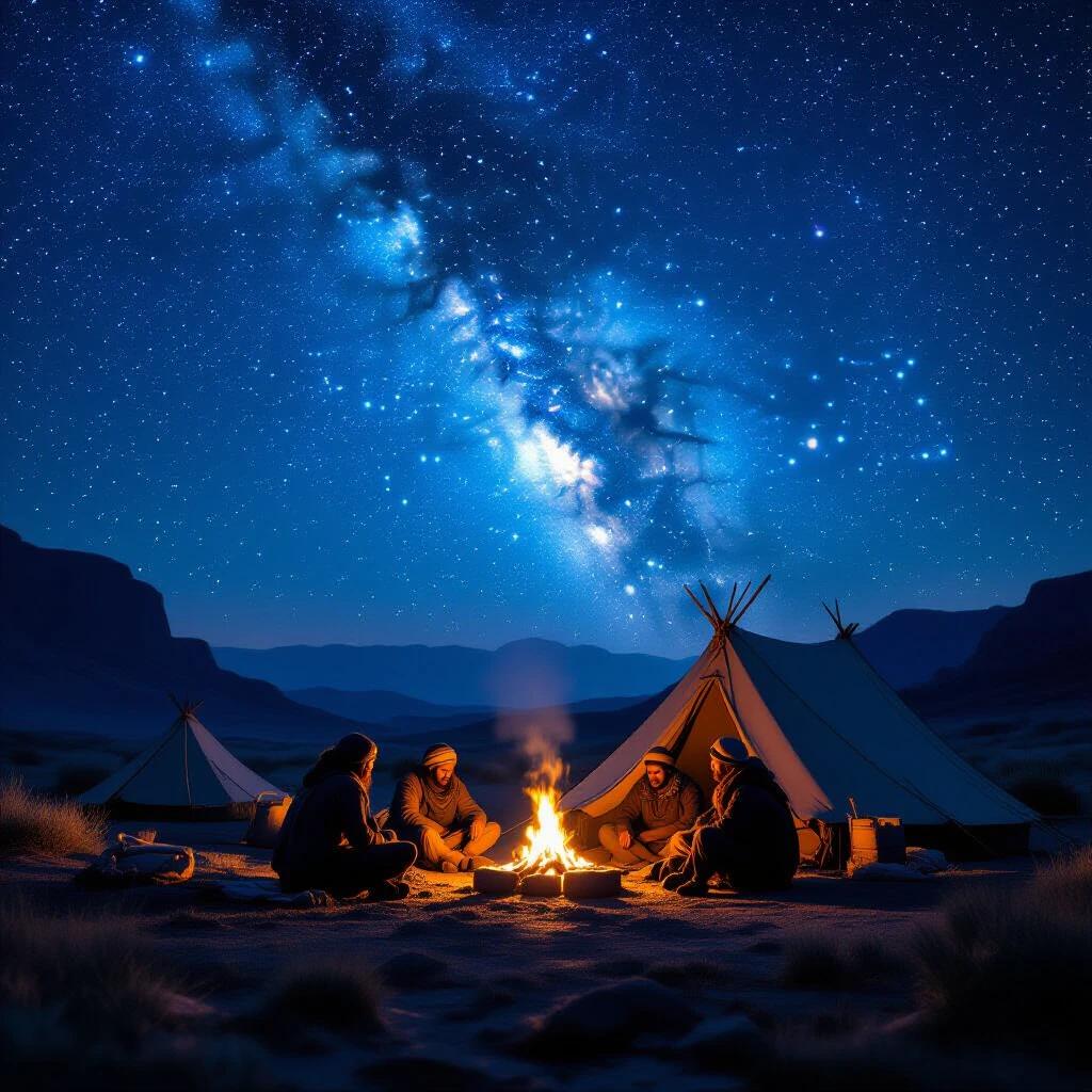 Nomadic tribe sets up camp under a star-filled sky. Campfire flickers warmly. Tents create a cozy atmosphere. Stars twinkle overhead. Hyper-realistic detail. Cinematic night scene.