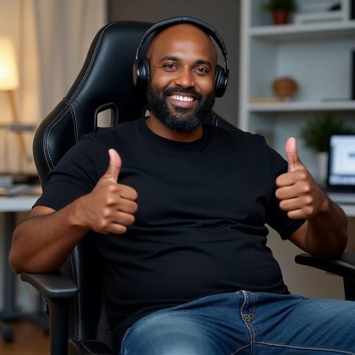 Big headed balding Somali man sits in gaming chair wearing black t-shirt and jeans. He has a headset on. Hands up with thumbs up. Smiling in a home office room.