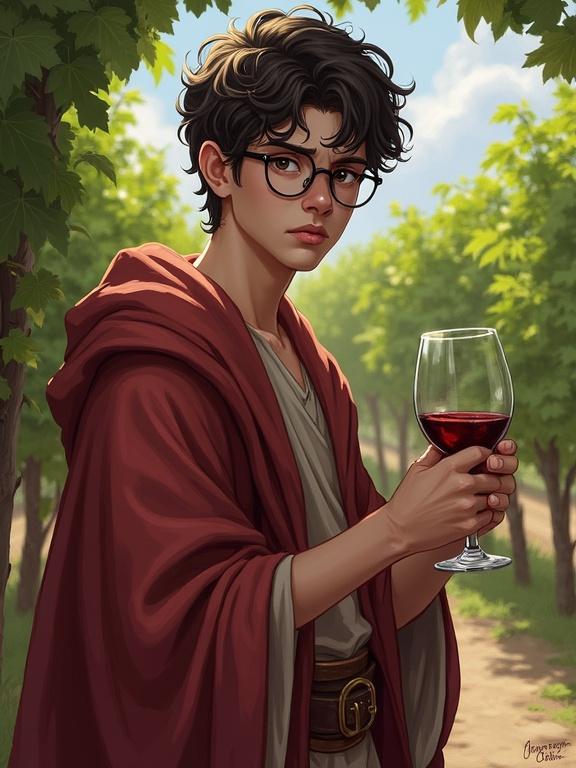 A young man in his early 20s wearing round glasses and robes appears timid and anxious. He is looking directly at the viewer while holding a glass of red wine, surrounded by green vines in an outdoor setting. The style is semirealistic and resembles digital artwork.