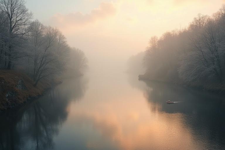 Serene view of a river in the early morning with a small boat. Trees line the banks, shrouded in mist. The scene captures a calm and tranquil atmosphere.